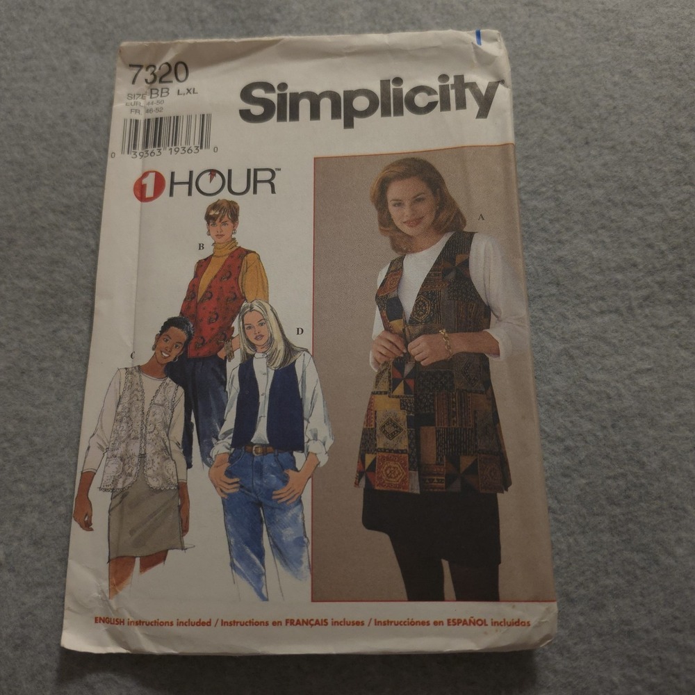 Simplicity 7320 Misses Vest Pattern Size BB L XL Uncut 1 Hour Sewing 1996